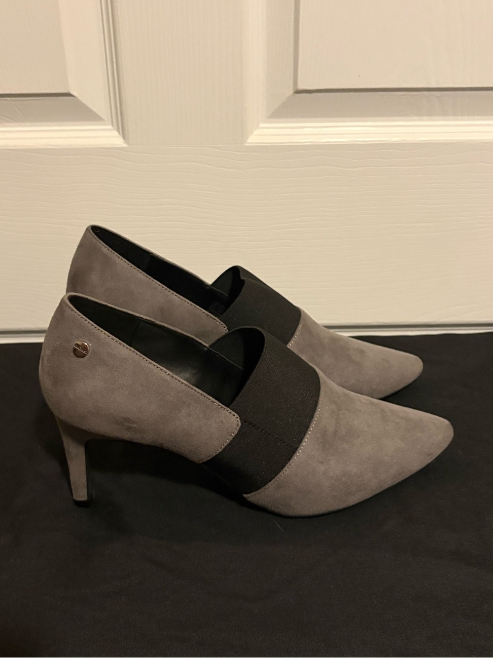 Calvin Klein Gray Suede Pointed-Toe Heels with Black Elastic Band